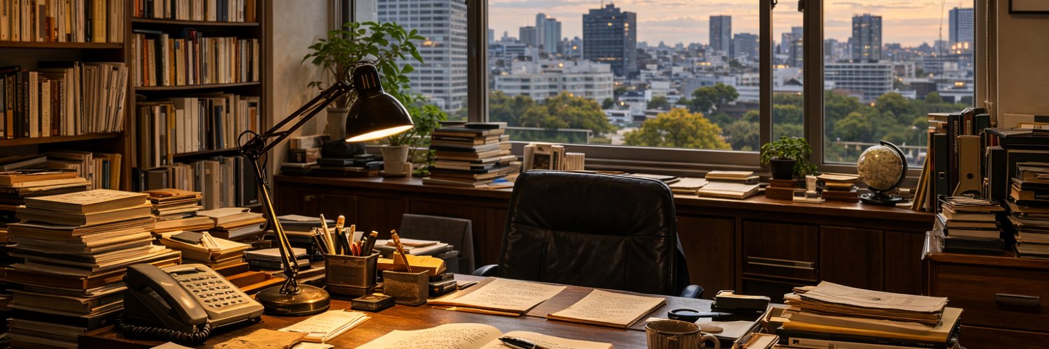 A study and editorial workspace overlooking a city
